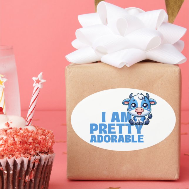 i Am Pretty Adorable Blue and White Cow Oval Sticker (Party)