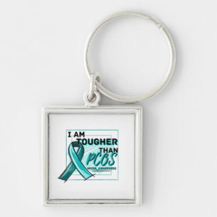 I AM TOUGHER THAN PCOS AWARENESS Teal Ribbon Keychain