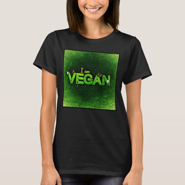 I Am Vegan Written With A Grassy Nature Texture T-Shirt (Front)