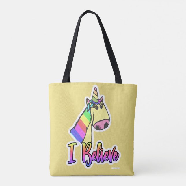 I Believe in Cartoon Unicorns Fun Art Design Tote Bag (Back)