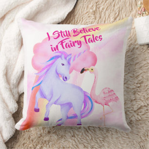 I Believe in Fairytales Unicorn Rainbow Flamingo Throw Pillow