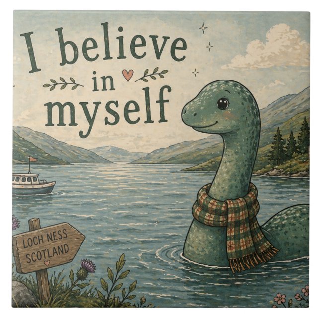 I believe in myself whimsical Loch Ness Monster Tile (Front)