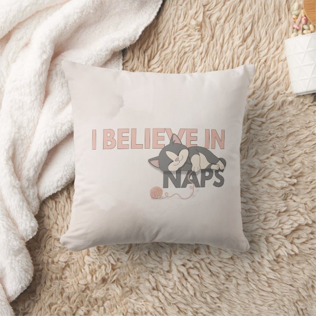 I Believe in Naps Cute Sleeping Cat Throw Pillow (Blanket)