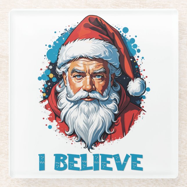 I Believe in Santa Claus Graffiti Style Design Glass Coaster (Front)