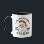 I Believe In Santa Paws Retro Christmas Dog Lover Mug<br><div class="desc">I Believe In Santa Paws Retro Christmas Dog Lover Festive Holiday Tote Bag features the text "I Believe In Santa Paws" in modern script typography surrounding a happy retro Santa on a black and white chequerboard background accented with paw prints. Perfect for Christmas gifts, Christmas parties and holiday celebrations, birthdays...</div>