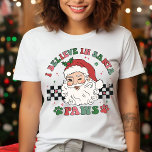 I Believe In Santa Paws Retro Christmas Dog Lover Tri-Blend Shirt<br><div class="desc">I Believe In Santa Paws Retro Christmas Dog Lover Festive Holiday Tri-Blend Shirt features the text "I Believe In Santa Paws" in modern script typography surrounding a happy retro Santa on a black and white chequerboard background accented with paw prints. Perfect for Christmas gifts, Christmas parties and holiday celebrations, birthdays...</div>
