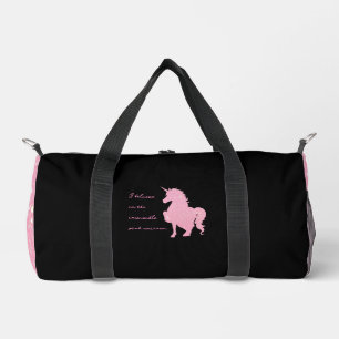 I believe in the invisible pink unicorn. duffle bag