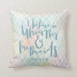 I BELIEVE IN UNICORNS AND MERMAIDS SEA BLUE THROW PILLOW