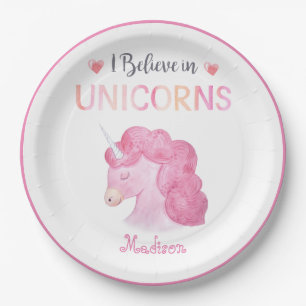 I Believe in Unicorns Pink Name Birthday Girly Paper Plate