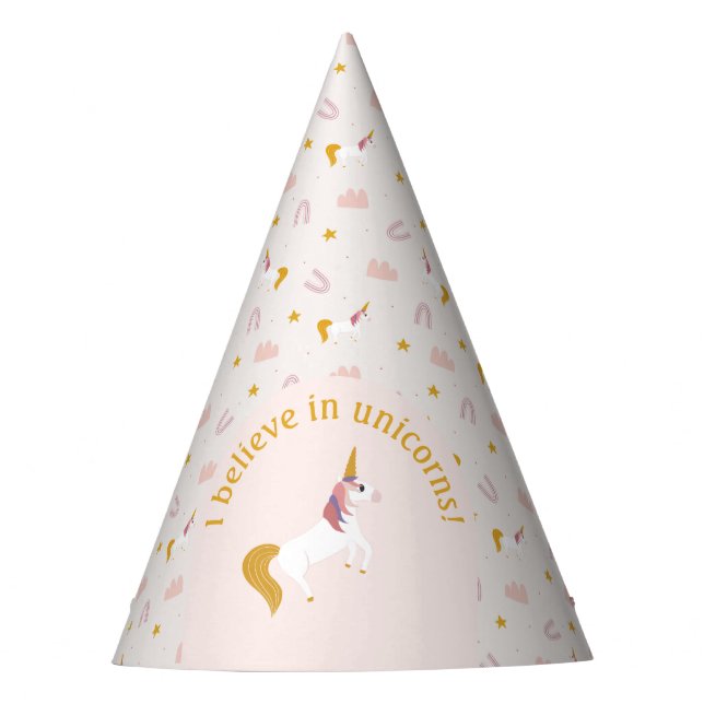 I Believe in Unicorns Pink Yellow Party Hat (Front)