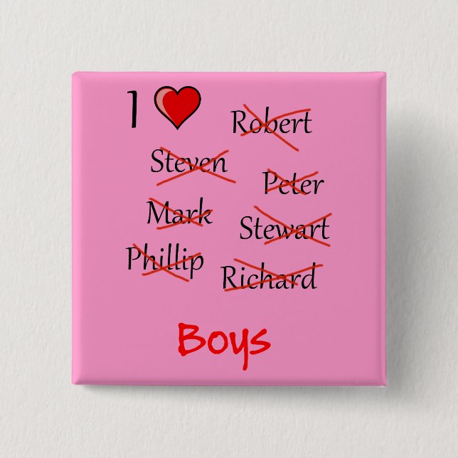 'I ♥ Boys' 2 Inch Square Button (Front)