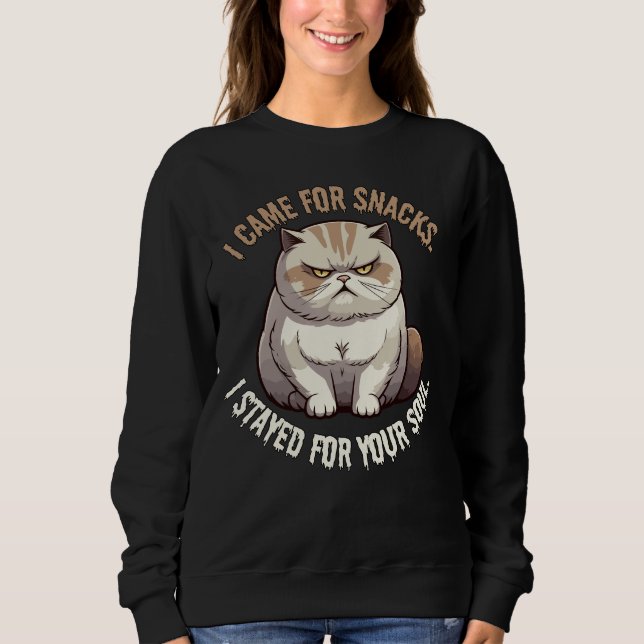 I Came for Snacks, Stayed for Your Soul Cat Meme Sweatshirt (Front)
