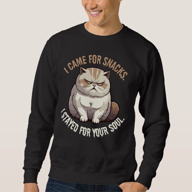 I Came for Snacks, Stayed for Your Soul Cat Meme Sweatshirt (Front)