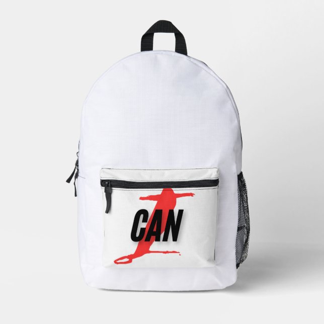 "I Can" Dynamic Red & Black Empowerment Word Art Printed Backpack (Front)