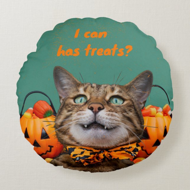 i Can Has Treats Cat Round Throw Pillow (Front)
