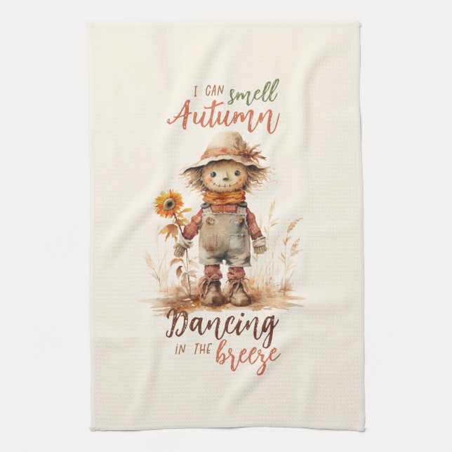 I Can Smell Autumn – Rustic Scarecrow & Sunflower Kitchen Towel (Vertical)