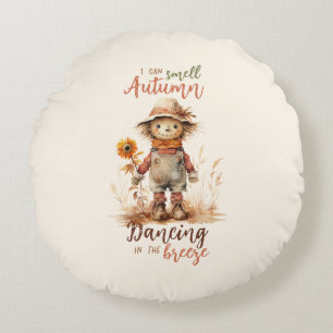 I Can Smell Autumn – Rustic Scarecrow & Sunflower Round Pillow