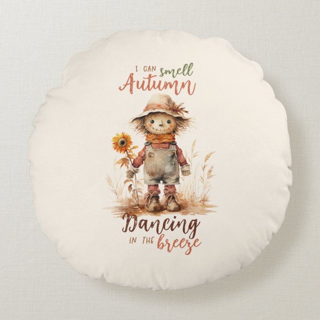 I Can Smell Autumn – Rustic Scarecrow & Sunflower Round Pillow (Front)