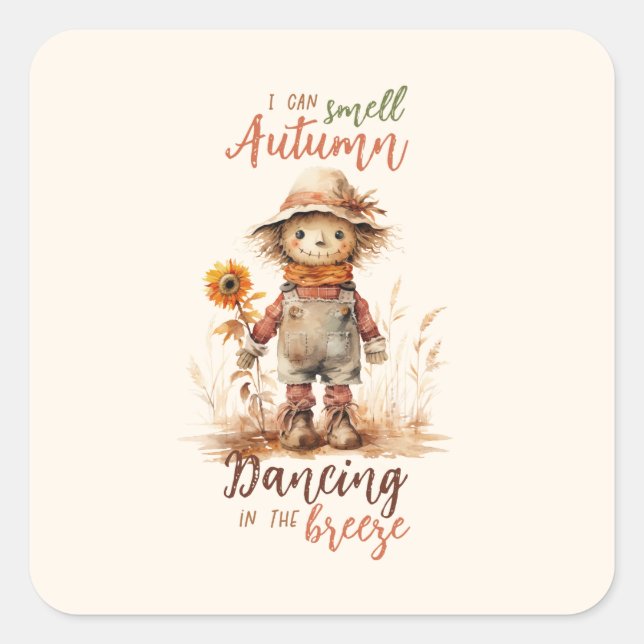 I Can Smell Autumn – Rustic Scarecrow & Sunflower Square Sticker (Front)