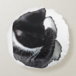 I Can't Even Right Meow Round Pillow<br><div class="desc">Introducing Binx... This humorous image features a black-and-white tuxedo cat curled up with one paw dramatically covering his face, as if he has completely given up on the day. With his head tucked down and eyes hidden, the cat looks adorably fed up—like he just heard the most ridiculous thing imaginable...</div>