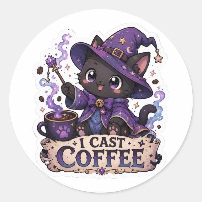 I Cast Coffee Cute Black Cat Wizard Sticker (Front)