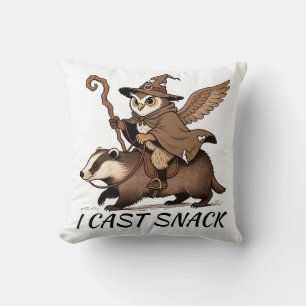 I Cast Snack Whimsical Owl and Badger Art Throw Pillow