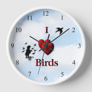 I Coeur Oiseaux Nuageux Jour Cuisine Mur Horloge