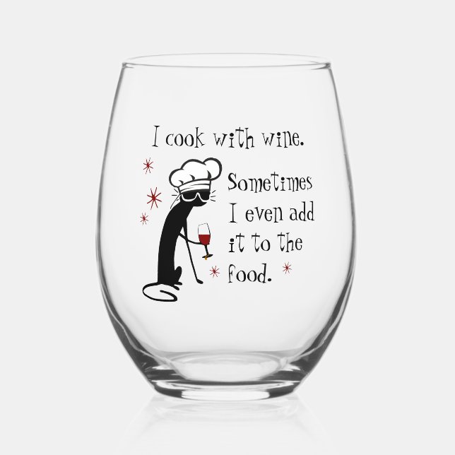 I Cook With Wine Funny Quote with Cat Stemless Wine Glass (Front)
