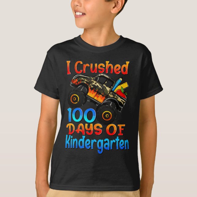 I Crushed 100 Days Of Kindergarten Monster Trucks  T-Shirt (Front)