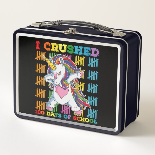 I Crushed 100 Days Of School Unicorn Metal Lunch Box (Front)