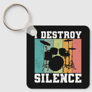 I Destroy Silence Distressed Vintage Drummer Retro Keychain
