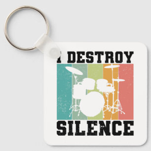 I Destroy Silence Distressed Vintage Drummer Retro Keychain