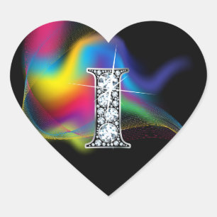 "I" Diamond Bling on Rainbow Swirl Heart Sticker