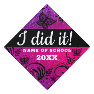 I Did It Pink Glitter Black Floral Butterfly   Gra Graduation Cap Topper