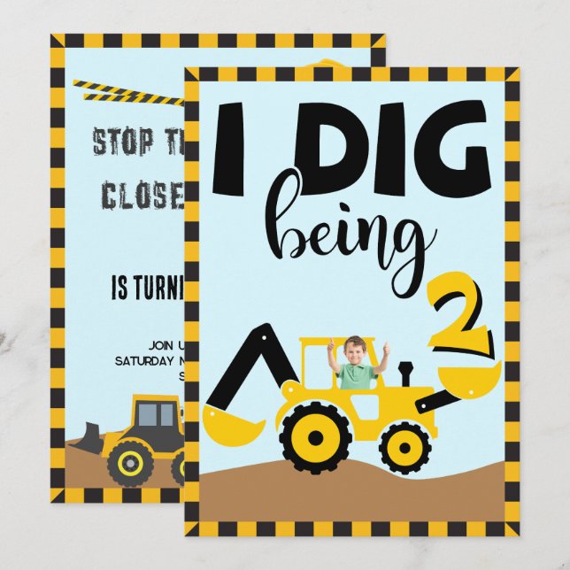 I Dig Being 2 Birthday Construction Invitation (Front/Back)