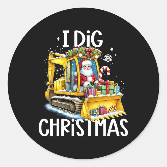 I-Dig Christmas Santa Riding Excavator Constructio Classic Round Sticker (Front)