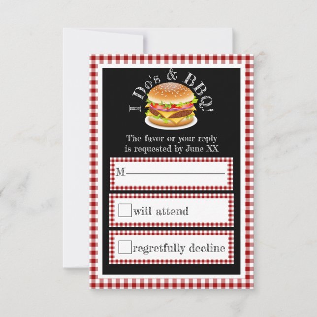 I Do and BBQ Gingham Hamburger Casual Wedding RSVP (Front)
