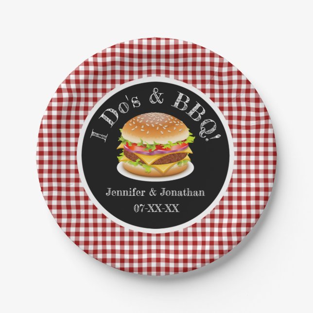 I Do and BBQ Red Gingham Hamburger Casual Wedding Paper Plate (Front)