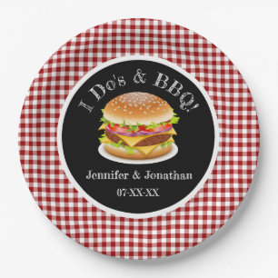 I Do and BBQ Red Gingham Hamburger Casual Wedding Paper Plate