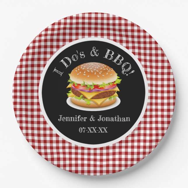 I Do and BBQ Red Gingham Hamburger Casual Wedding Paper Plate (Front)