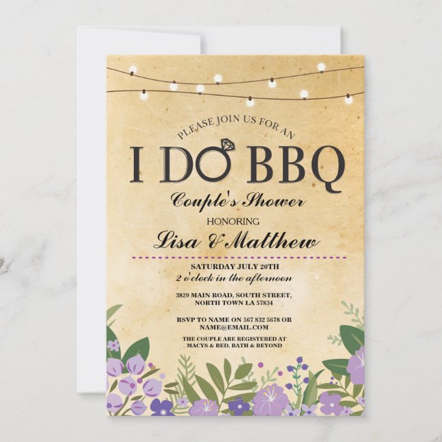 I DO BBBQ Couples Douche Violet Invitation Floral (Devant)