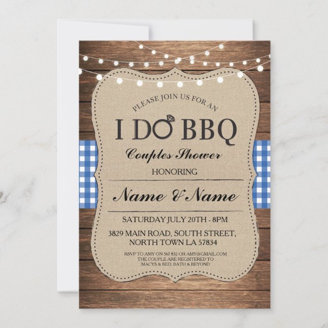 I DO BBBQ Couples Douches Invitation bleu rustique (Devant)