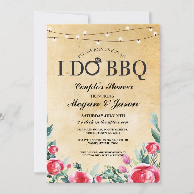 I DO BBBQ Fiançailles Lights Red Floral Invitation (Devant)