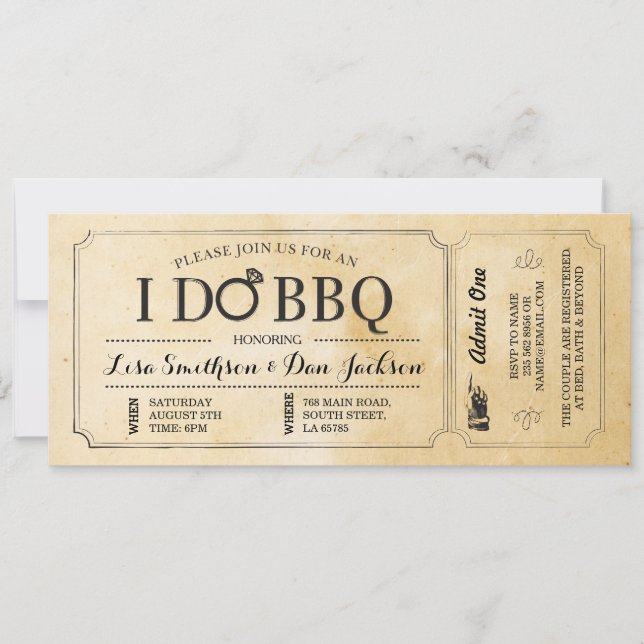 I DO BBBQ Rustic Shower Rustic Ticket Invitation (Devant)