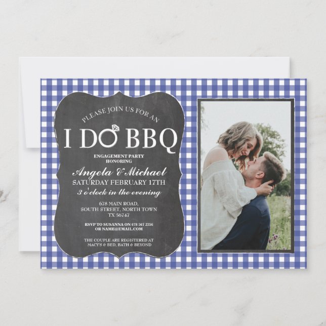 I DO BBQ Blue Engagement Couples Shower Photo Invitation (Front)