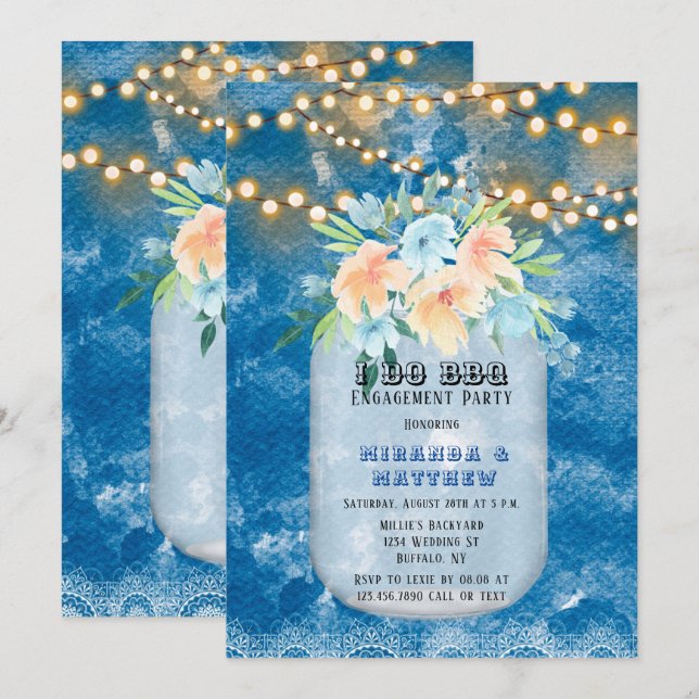 I Do BBQ Blue Lights Mason Jar Engagement Party  Invitation (Front/Back)
