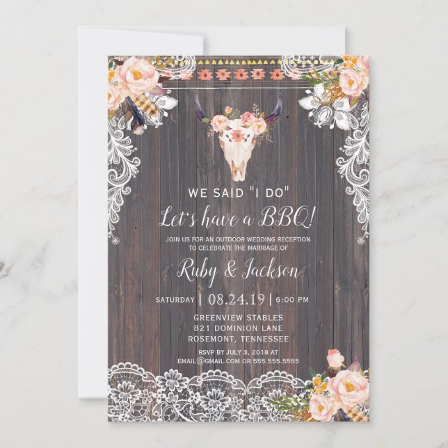 I DO BBQ Boho Lace & Réception Florale Invitation (Devant)