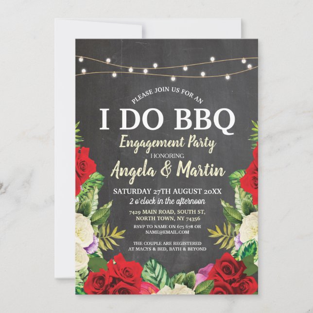 I DO BBQ Chalk Red Rose Chalk Floral Shower Invite (Front)