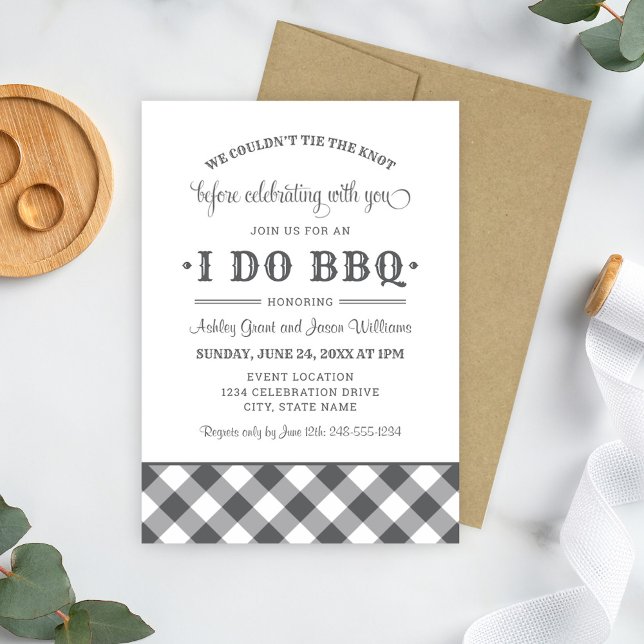 I Do BBQ Charcoal Grey Gingham Wedding Celebration Invitation (Creator Uploaded)