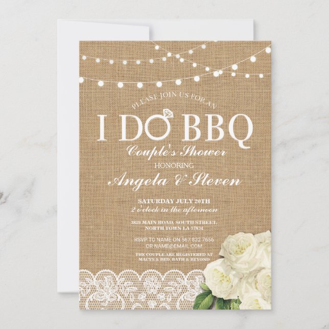 I DO BBQ Couple's Shower Burlap Lights Rose Invite (Front)